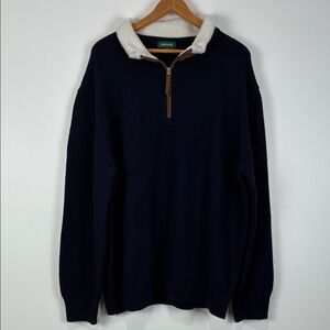 Orvis Men's XXL Navy Sweater Lambswool Cream Sherpa Collar 1/4 Zip
